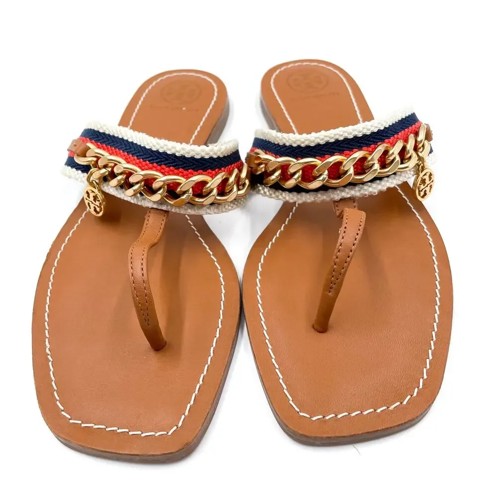 Tory Burch Mini Benton Chain Stripe Sandals Flat Brown Thong Leather Sz 6.5‎